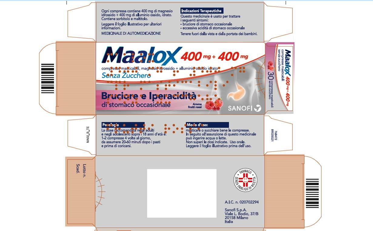 Maalox 400 mg + 400 mg compresse masticabili senza zucchero  magnesio idrossido + alluminio ossido, idrato