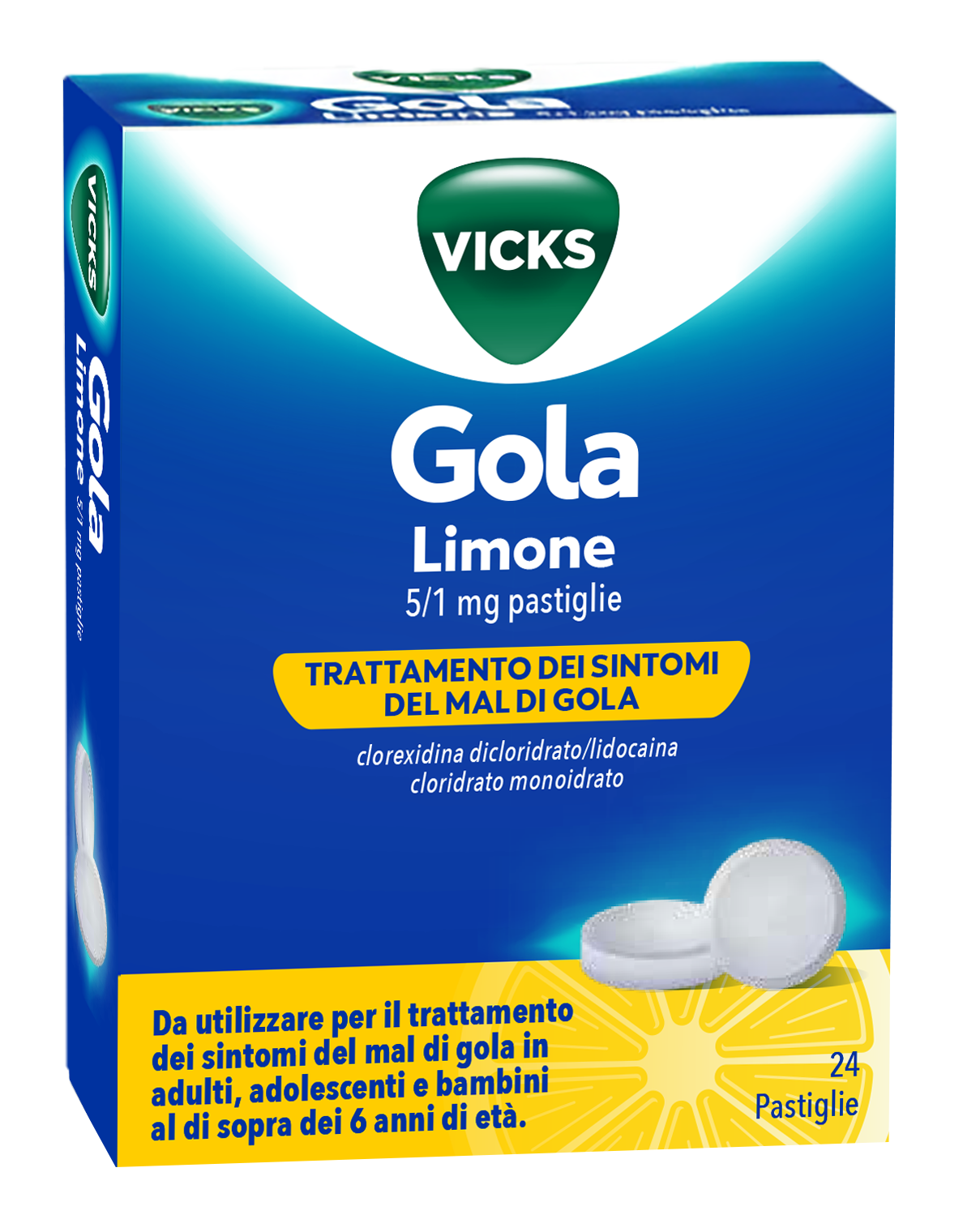 Vicks gola 5 mg/1 mg pastiglie 24 pastiglie gusto limone in blister al-pvc/petfe