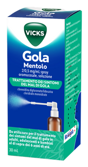 Vicks gola 2 mg/0,5 mg/ml spray per mucosa orale soluzione 1 flacone in vetro da 30 ml gusto mentolo con pompa sray