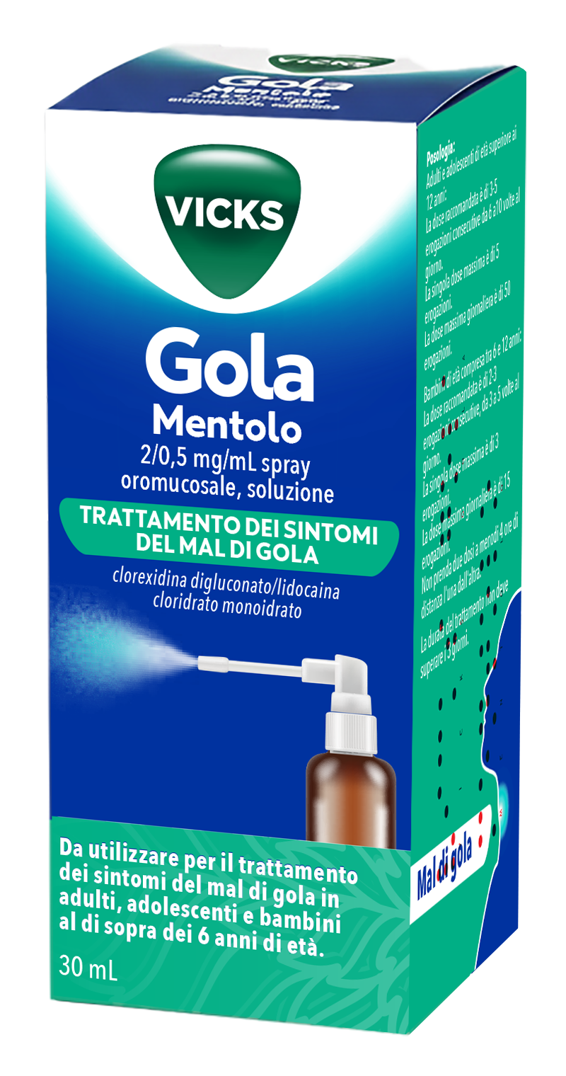 Vicks gola 2 mg/0,5 mg/ml spray per mucosa orale soluzione 1 flacone in vetro da 30 ml gusto mentolo con pompa sray