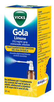 Vicks gola 2 mg/0,5 mg/ml spray per mucosa orale soluzione 1 flacone in vetro da 30 ml gusto limone con pompa sray