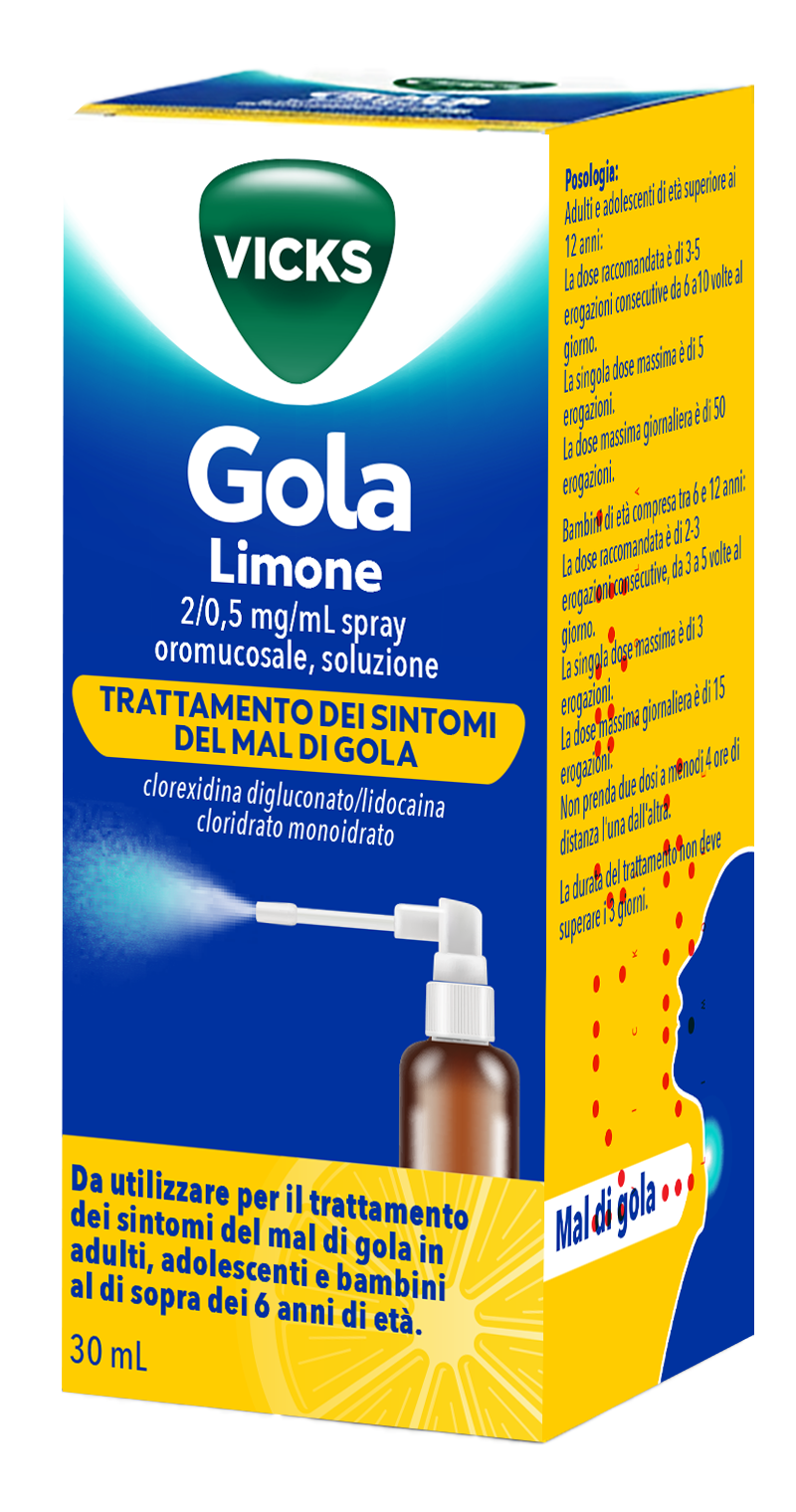 Vicks gola 2 mg/0,5 mg/ml spray per mucosa orale soluzione 1 flacone in vetro da 30 ml gusto limone con pompa sray