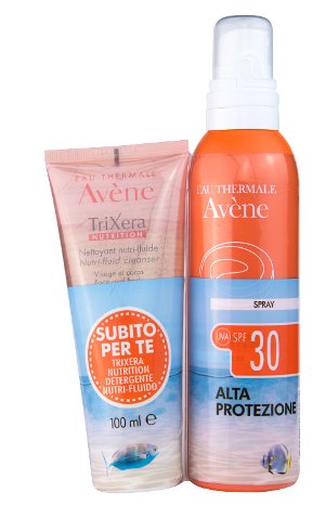 Avene solare kit spray spf 30 200 ml + trixera nutrition detergente 100 ml