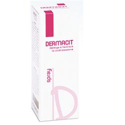 Dermacit spray flacone cilindrico in pe bianco con tasto erogatore spray in pp bianco e cappuccio salvatasto trasparente,dispositivo medico 1 pz