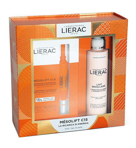 Lierac cofanetto natale mesolift c15 concentrato 2 fiale x 15 ml + demaquillant latte 200 ml