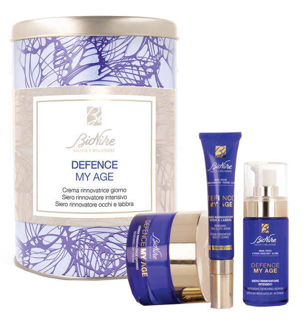 Defence my age kit natale 2021 siero rinnovatore intensivo 30 ml + crema rinnovatrice giorno 50 ml + siero rinnovatore occhi e labbra 15 ml