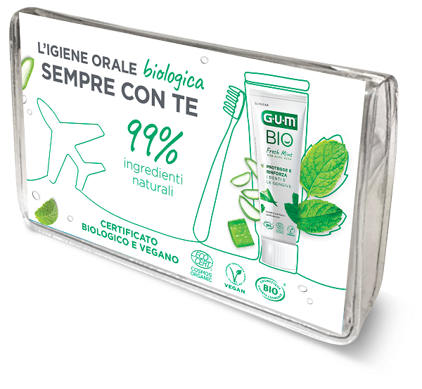 Gum travel kit bio 1 spazzolino + 1 dentifricio +  1 scovolino interdentale